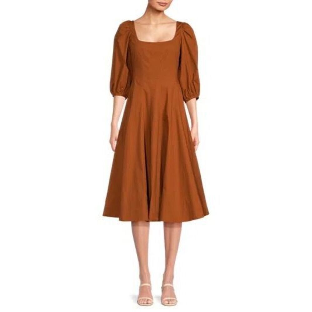 Staud Women's Brown SquareโNeck Puff Sleeve Swells Midi Swing Dress Size 4 NWOT